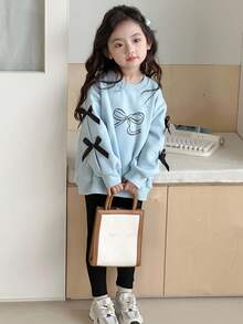 Dazy Kids 2pcs/Set Young Girls Round Neck Knit Thermal Lined Bow Print Top & Pants Set, Fall - Blue - View 4