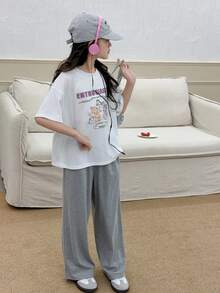 Dazy Kids 2pcs/Set Tween Girls Crew Neck Printed Short Sleeve T-Shirt + Knit Wide Leg Pants Loungewear, Spring/Summer - White - View 5