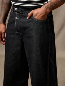 RivetRise Men's Casual Loose Fit Wide Leg Black Jeans ,Hang Out Commute Distressed Jeans For Minimalist - Black - View 4