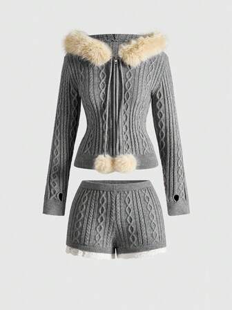 Grunge Punk Ensemble 2 pièces composé d'un cardigan court Y2K avec col en fourrure et mini-shorts ultra taille basse