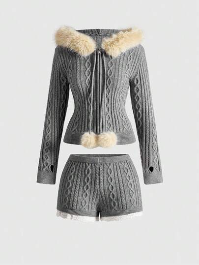 Grunge Punk Ensemble 2 pièces composé d'un cardigan court Y2K avec col en fourrure et mini-shorts ultra taille basse