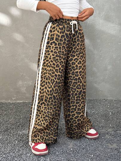 Coolane Kids Pantalones de pierna ancha con estampado de leopardo y bloques de color para niña preadolescente