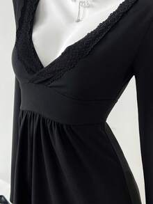 Elamini 休闲百搭深V领长袖蕾丝上衣，秋冬款 - 黑色 - 查看 4