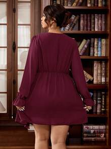 Vionelle Plus Size Women's Burgundy French Chiffon V-Neck Elegant Autumn Retro Ruffle Hem Long Sleeve Blouse,Perfect For Wedding Guest,Office&Party Wear - Burgundy - View 2