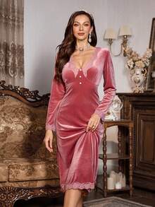 PalaceNights Vestido de dormir elegante de terciopelo ajustado con cuello en V de unicolor y encaje de contraste, para otoño e invierno - Rosa - Ver 1