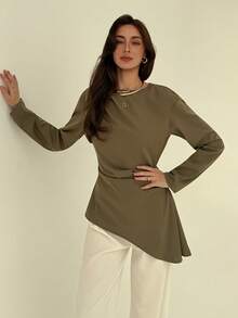 Aloruh 女士春季新款：休闲不对称下摆长袖船领衬衫，百搭优雅，适合日常通勤；绿色套头修身衬衫，适合办公室通勤；商务衬衫 - 軍綠色 - 查看 6