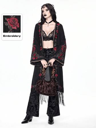Goth كارديجان طويل للنساء مزخرف بالزهور والأفاعي والنباتات بطريقة الكروشيه والتطريز والتصميم المتداخل بالأنماط الجوتية والعتيقة