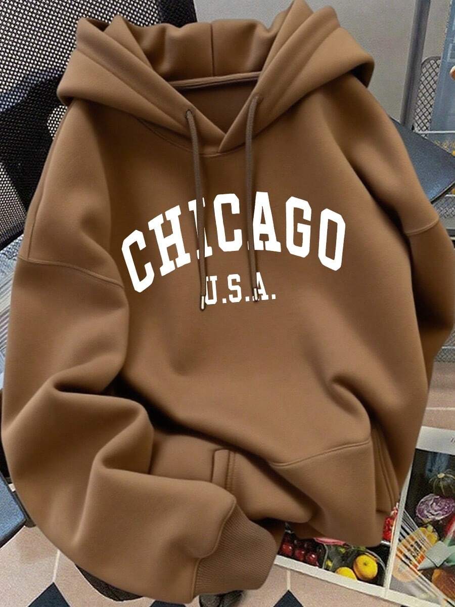 Sudadera con capucha, cordón y corte holgado para mujer, con las inscripciones <<CHICAGO» y <<U.S.A». - Marrón - Ver 1