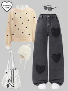 SHEIN ChillGRL Modne, szerokie jeansy dla nastolatek z haftowanym serduszkiem i przetarciami, w stylu vintage Y2K, idealne na nieformalne wyjścia, do szkoły, na spotkania, do domu, na wakacje i na powrót do szkoły - Ciemnoszary - Zobacz 7