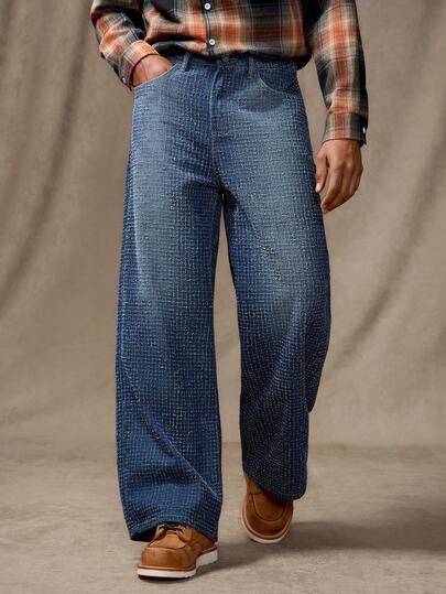 RivetRise Vintage Minimalist Unique Plaid Texture Washed Loose Fit Casual Jeans, Deep Blue