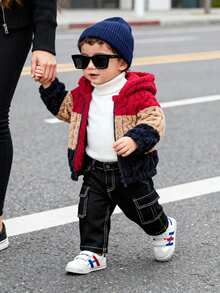 SHEIN Playful Pals 1pc Baby Boy Navy Blue Autumn Hooded Jacket,Cow Boy Club Style Fashionable Jacquard Knit Double-Sided Fleece Zip-Up Coat With Elastic Hem And Cuffs - Multicolor - View 1