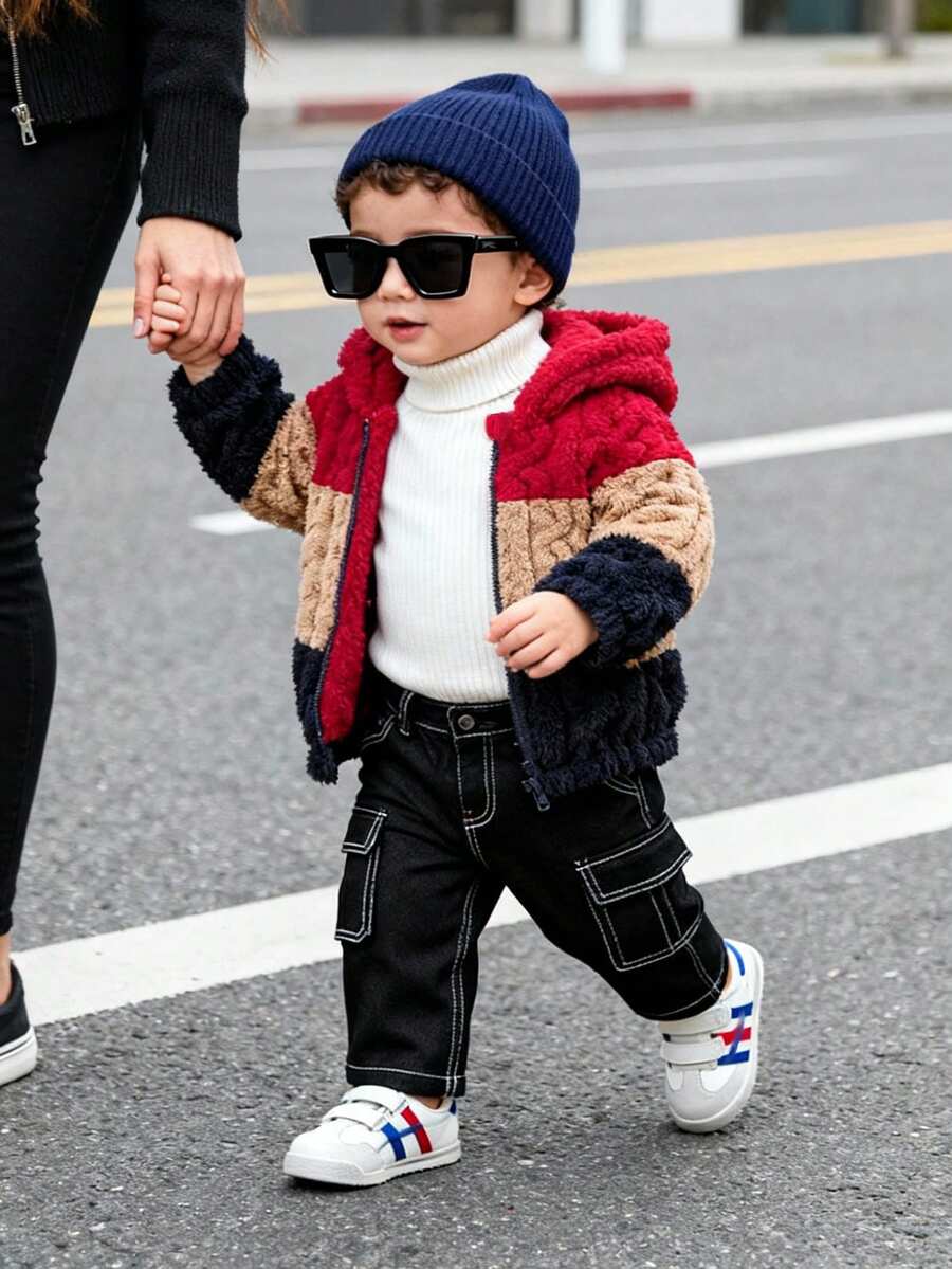 SHEIN Playful Pals 1pc Baby Boy Navy Blue Autumn Hooded Jacket,Cow Boy Club Style Fashionable Jacquard Knit Double-Sided Fleece Zip-Up Coat With Elastic Hem And Cuffs - Multicolor - View 1