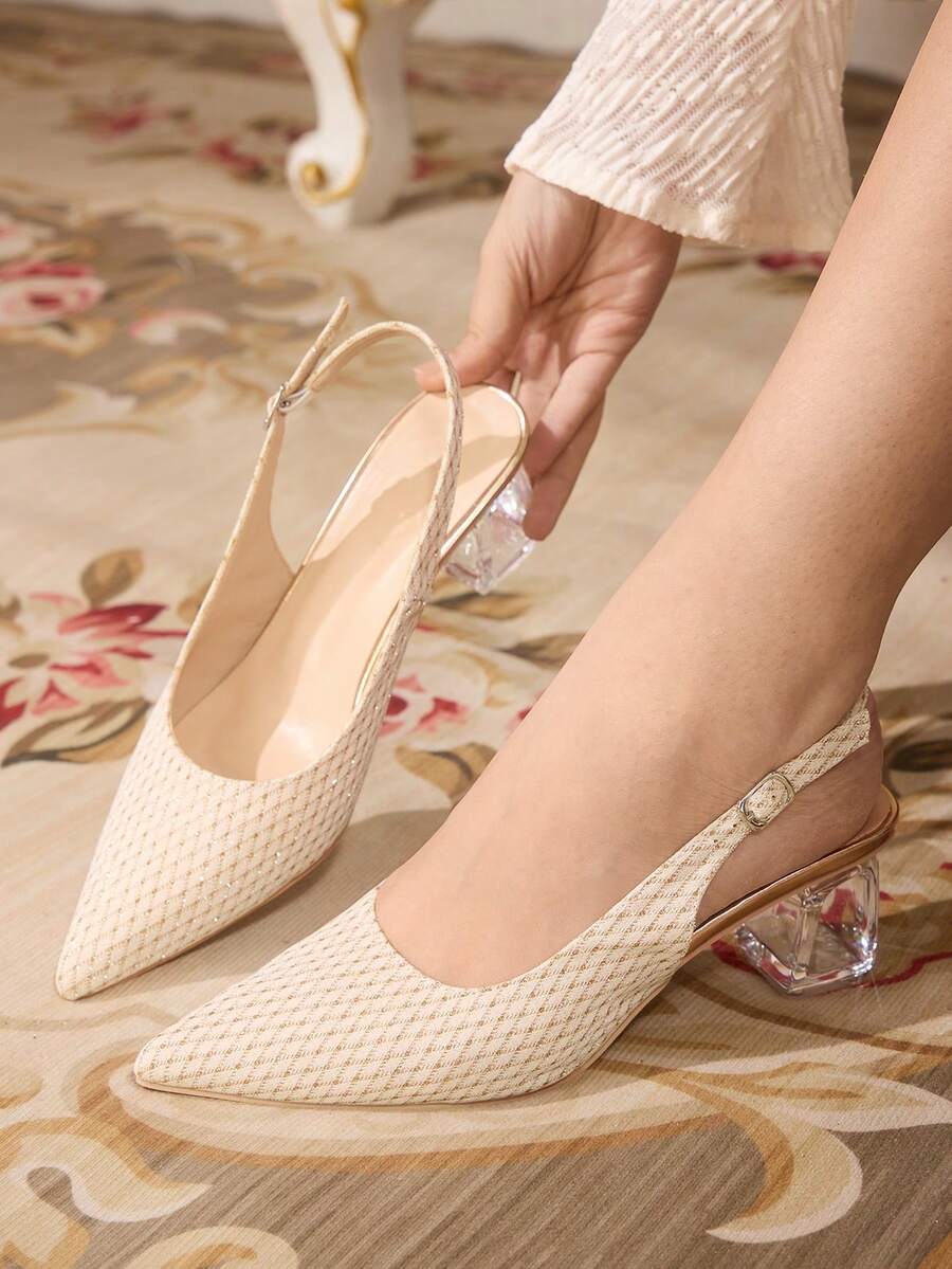 CUCCOO TILAWA 女士水晶高跟水钻网眼尖头一脚蹬高跟鞋，适合外出、宴会、派对和其他活动 - 香檳色 - 查看 1