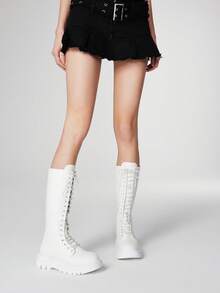 ROMWE Goth 女士及膝靴 时尚系带厚底粗跟女靴 - 白色 - 查看 2