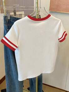 SHEIN 女款T恤/保罗图案印花/刺绣工艺/女士宽松休闲撞色圆领T恤上衣/春夏 - 彩色 - 查看 2