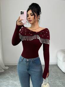 Elenzga Elegant Romantic Knit Sweater For Women With Flared Cuffs, Bow, Pearl & Tassel Decor, Waist Cinched - Burgundy - View 5