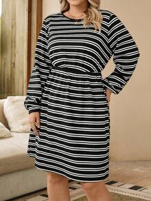 EMERY ROSE Vestido casual de talla grande con cuello redondo, mangas farol y rayas, otoño - Multicolor - Ver 2