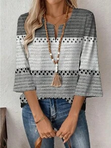 EMERY ROSE Chemise de travail décontractée et minimaliste pour le trajet quotidien, en noir et gris, avec un motif rayé texturé en fausse fourrure. Confortable et chaude, avec des manches 3/4 et un col en V ample, convenant pour le printemps et l'automne.