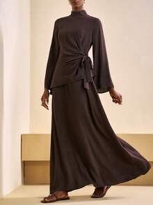Zivah 2025 Autumn/Winter New Year, Valentine's Day, Party, Evening, Date, Birthday, College Style, Student, Daily Wear, Versatile, Casual, Cruise Travel, Trending, Elegant, Commute, Business Casual, Minimalist Collared Flare Sleeve Tie-Waist Asymmetric Hem Shirt + Loose A-Line Long Skirt 2-Piece Set, Brown Fabric, Women's Autumn/Winter Outfit Brown Two Piece Set Modest Two Piece Set Modest Dress Brown Elegant Dress Women Modest Sets For Women - Brown - View 3