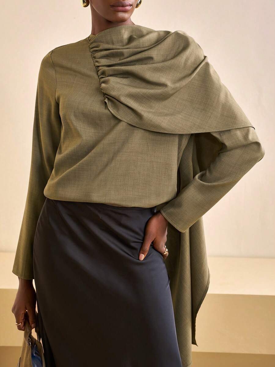 Zivah 2025 Autumn/Winter New Year, Valentine's Day, Party, Banquet, Date, Birthday Party, College Style, Student Wear, Daily Outings, Basic Versatile, Casual, Cruise Travel, Trending, Elegant, Commute, Business Casual, Minimalist, Round Neck Long Sleeve, Front Pleated, Left Shoulder Draped Tie, Metal Decor Button On Shoulder, Loose Straight Cut, Dark Brown Bamboo Fabric, Elegant Blouse, Commuter Blouse, Women's Blouse - Rust Brown - View 1