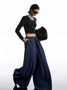 LYSMO 女式纯色褶皱设计口袋宽松阔腿休闲裤 - 藏蓝色 - 查看 4