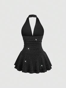 Sweetra Goth-Inspired Glitzy Rhinestone Embellished Backless Deep V-Neck Party Dress, Sexy Ruched Waist Design, Unique Sultry Shibuya Girl Style - Black - View 2