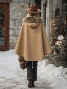 EMERY ROSE Solid Color Hooded Fur Collar Patchwork Duffle Coat, Elegant Women Overcoat - Khaki - View 2