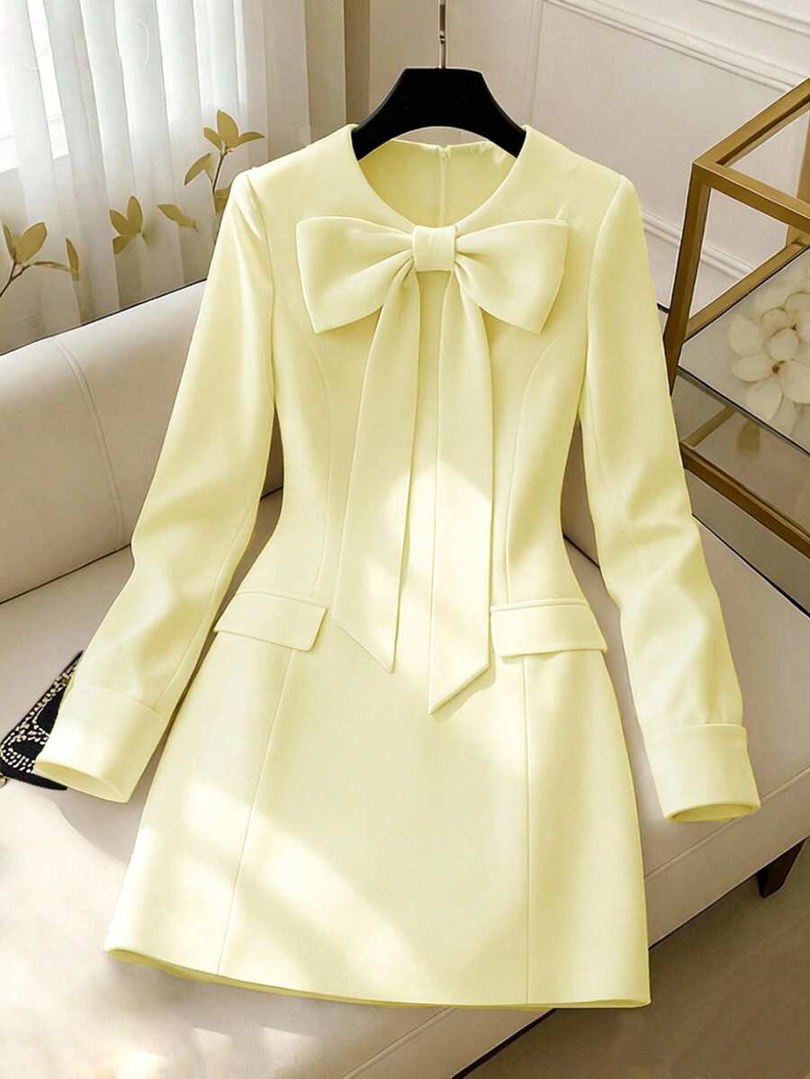 GlowEve Gaun Lengan Panjang Wanita Elegan Warna Polos dengan Hiasan Pita, Musim Gugur/Musim Dingin - Kuning muda - View 1