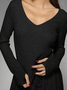 MISSGUIDED Knit Two Piece Lounge Set V Neck Long Sleeve Top Wide Leg Drawstring Pants Comfortable Casual Loungewear - Black - View 4