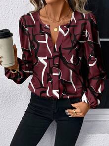 EMERY ROSE Women's Casual All-Over Print Notch Collar Shirt, Suitable For Spring And Autumn New Year Party - Burgundy - View 4