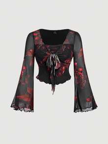 SHEIN MOD 大码女式花卉印花扭花前喇叭袖上衣和鱼尾裙优雅套装，女士秋季服装，秋季女式裙子秋季套装，高挑女装，女士秋季套装，度假装热带花卉两件套 - 彩色 - 查看 5