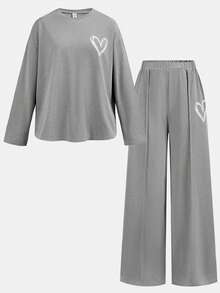 SHEIN Girlism 2件套少女休闲宽松圆领插肩袖印花T恤和褶皱短裤套装，轻薄针织面料，适合日常、返校、度假、户外活动、春季野餐等场合。 - 淺灰色 - 查看 12