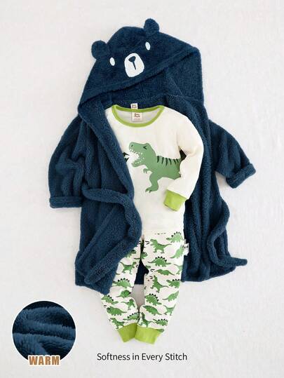 Cozy Pixies Bata con capucha de manga larga y apertura frontal con diseño de cuernos de dinosaurio para niños pequeños, ropa de dinosaurio para niños