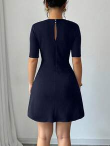 Robe noire élégante à col mao Elenzga, robe mi-manches évasée avec ceinture métallique pour femmes, en tissu texturé élastique de couleur unie, , ajustée, convenant pour le travail, les sorties décontractées, la rentrée scolaire, les tenues professionnelles d'enseignant - Bleu azur - Voir 2