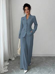 Elenzga 女士酒红色纯色厚面料V领西装外套，撞色纽扣假口袋设计，教师制服优雅专业套装，适合感恩节、万圣节、圣诞节、旅行、正式场合、会议、秋季两件套 - 藍色 - 查看 6