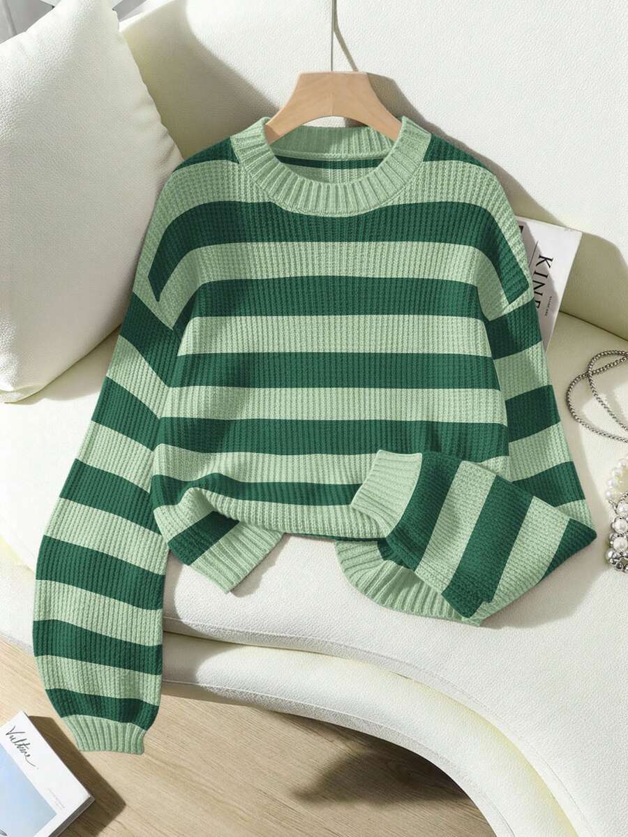 Chiquease Striped Pattern Drop Shoulder Sweater,Long Sleeve Tops Knit Pullover Fall Winter Outfit