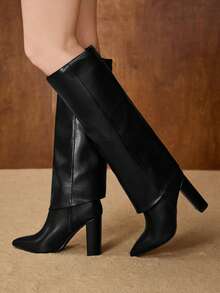 MOTF NUEVAS BOTAS ALTAS DE RODILLA DE MODA EUROPEA Y AMERICANA PARA MUJERES - Negro - Ver 4