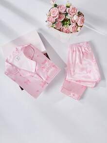 2pcs/Set Girls Cute Bow Print Lapel Cardigan & Casual Pants Comfortable Pajamas Set Bow Print Pajamas - Pink - View 3