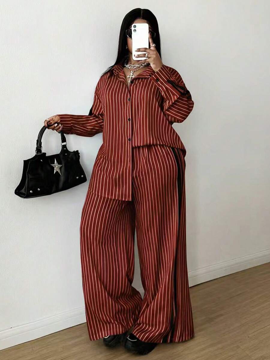 Maweii 女士条纹休闲宽松上衣和印花长裤两件套，通勤风格，秋冬季 - 彩色 - 查看 1