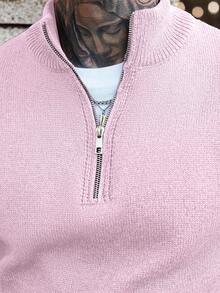 Manfinity CasualCool Men's Solid Color Minimalist Everyday Quarter Zip Long Sleeve - Baby Pink - View 3