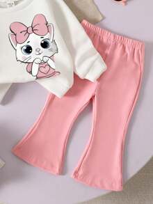 SHEIN 2pcs/Set Baby Girl Cute Cat Print Knit Soft Round Neck Long Sleeve Sweatshirt And Floral Bell Bottom Pants Set, Girls Christmas Outfit, Suitable For Autumn/Winter, Comfortable And Casual, Layering Piece, Fashion Streetwear, Graphic Design, Back To School, Autumn, Back To School Party, Suitable For Outdoor Picnic, Street Photography, Home, Campus, Holiday, Gift - Multicolor - View 4