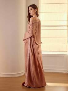 MOTF PREMIUM CONTRAST LACE BELTED ELEGANT LONG ROBE - Dusty Pink - View 3