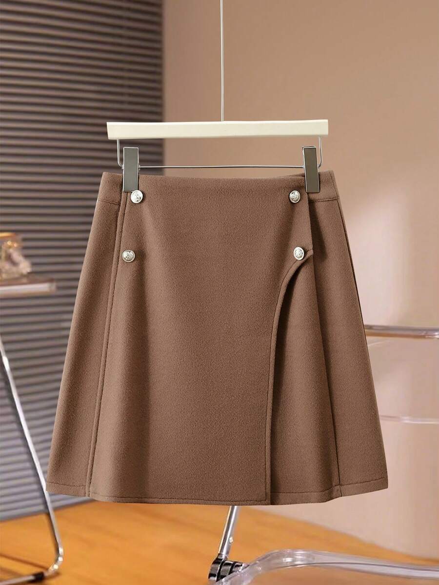 GlowEve Women's Light Brown Wool-Blend A-Line Skirt With Metal Decor Button, Elegant And Sophisticated, Suitable For Parties, Holidays, Christmas, Thanksgiving, Halloween - Brown - View 1