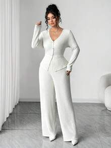 Elenzga Plus Size Women Button Front Top T-Shirt Jacket And Straight Leg Knit Pants 2 Pieces Set, Comfortable For Home And Daily Elegant Wear - White - View 6