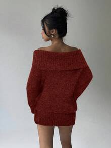Aloruh Grey Off-Shoulder Turtleneck Long Sleeve Mini Dress, Loose Top Tight Bottom, Suitable For Young Ladies, Autumn/Winter - Burgundy - View 2
