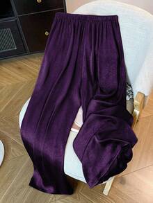 SHEIN Tall CURVE 大码女式宽松舒适阔腿裤，专为高挑丰满身材设计，采用醋酸纤维面料制成。 - 紫色 - 查看 2