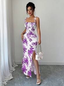 Elenzga New Arrival Women's Spaghetti Strap Tie Bow Waist Ruffle Hem Slit Design Dress, Versatile For Dates, Parties, Daily Wear, Flattering & Elegant - Purple - View 7