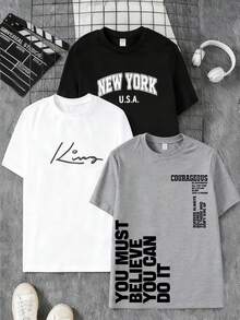 Vacaura 3pcs/Set Teens' Casual Crew Neck Short Sleeve T-Shirts, Versatile