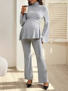 SHEIN 2pcs Maternity High Elastic Ribbed Turtleneck Long Sleeve Top And Pants Set - Grey - View 4