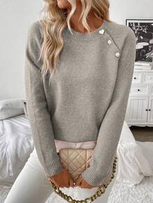 SHEIN Tall 女式斜襟纽扣毛衣 - 卡其色 - 查看 1